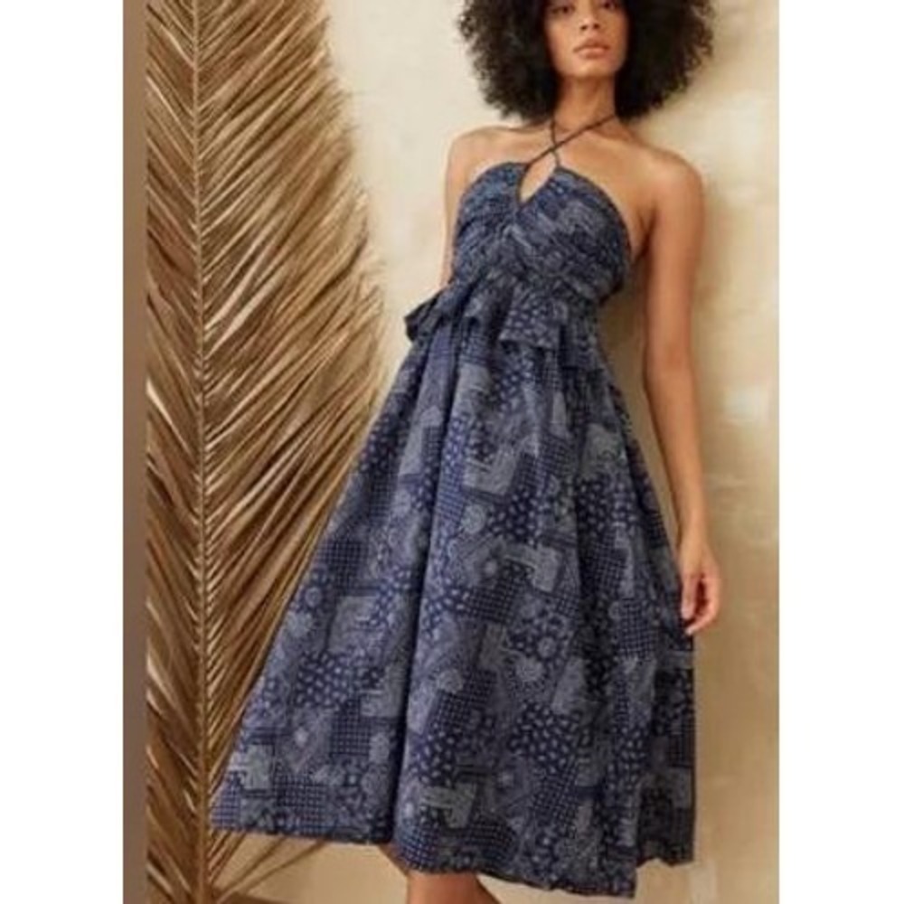 En Saison midi peplum french designer bandana keyhole navy halter dress sm/med